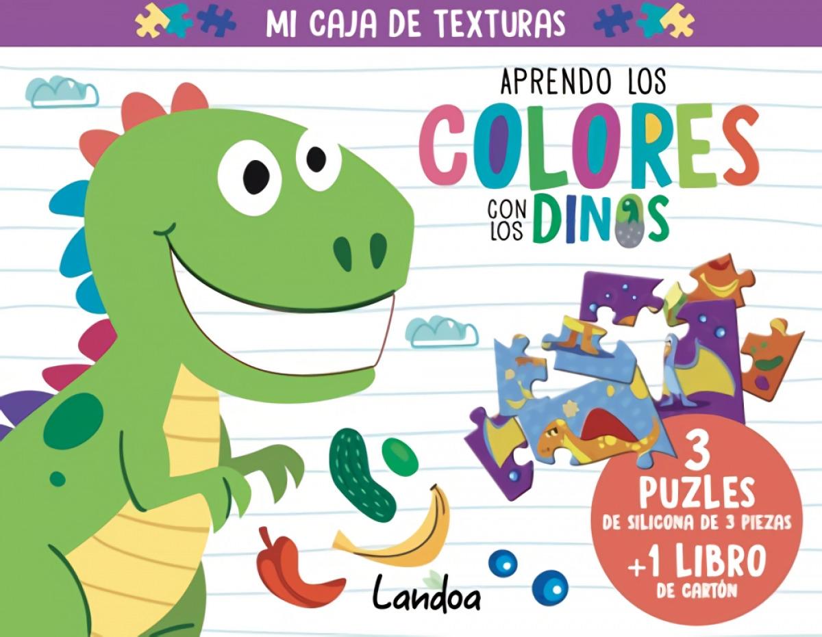 Aprendo los colores con los Dinos "(3 puzles de silicona de 3 piezas + 1 libro de cartón)". 