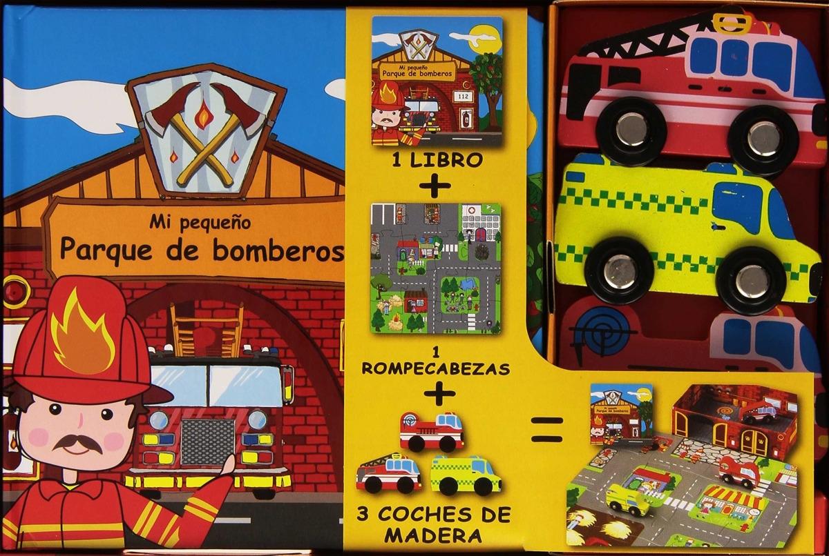 Mi pequeño libro sobre Parque de bomberos "(1 Libro + 1 rompecabezas + vehículos de madera y personajes de cartón)"