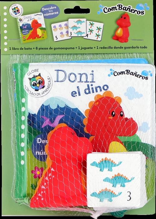 Doni, el dino. Descubre los números "(1 libro de baño + 6 piezas de gomaespuma - 1 juguete + 1 redecilla donde guardarlo todo)". 