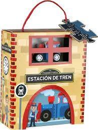 Estación de tren (Mi pequeño pueblo) "(1 Libro + 1 rompecabezas + tren de madera y personajes de cartón)"