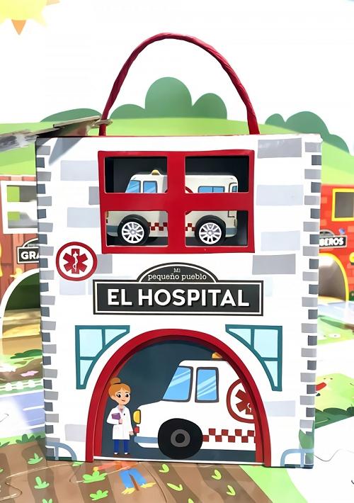 El hospital (Mi pequeño pueblo) "(1 libro + 1 ambulancia de madera + un puzzle de 16 piezas + 1 juego)"