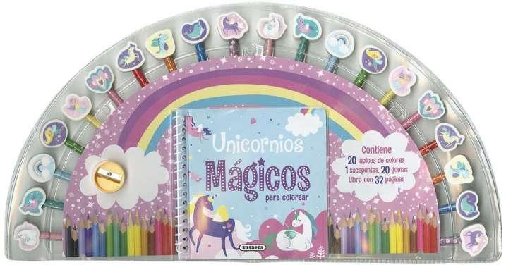 Unicornios mágicos para colorear "(1 Libro + 20 lápices de colores + 1 sacapuntas + 20 gomas)". 