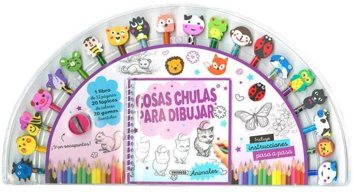 Cosas chulas para dibujar "(1 libro + 10 lápices de colores + 10 lápices de grafito + 20 gomas + 1 sacapuntas)"