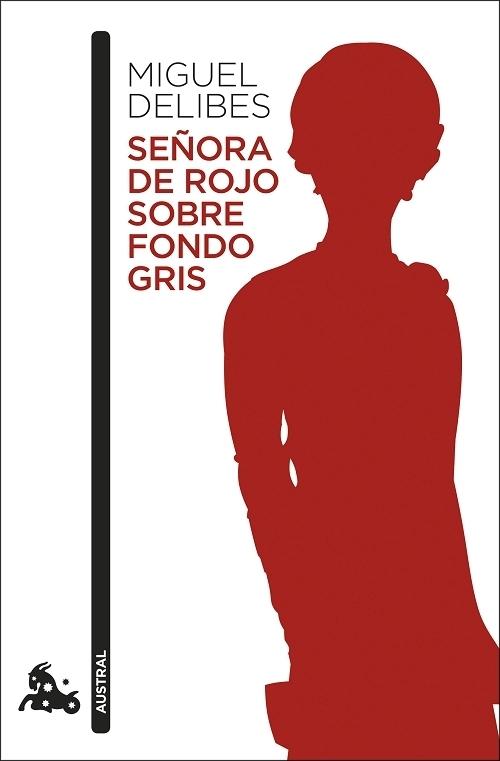 Señora de rojo sobre fondo gris. 