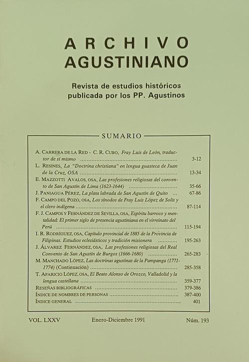 Archivo Agustiniano Vol. LXXV - Núm. 193 (Enero-Diciembre1991) "Revista de estudios históricos publicada por los PP. Agustinos"