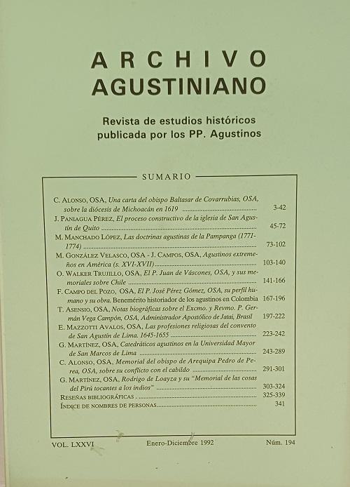 Archivo Agustiniano Vol. LXXVI - Núm. 194 (Enero-Diciembre1992) "Revista de estudios históricos publicada por los PP. Agustinos"