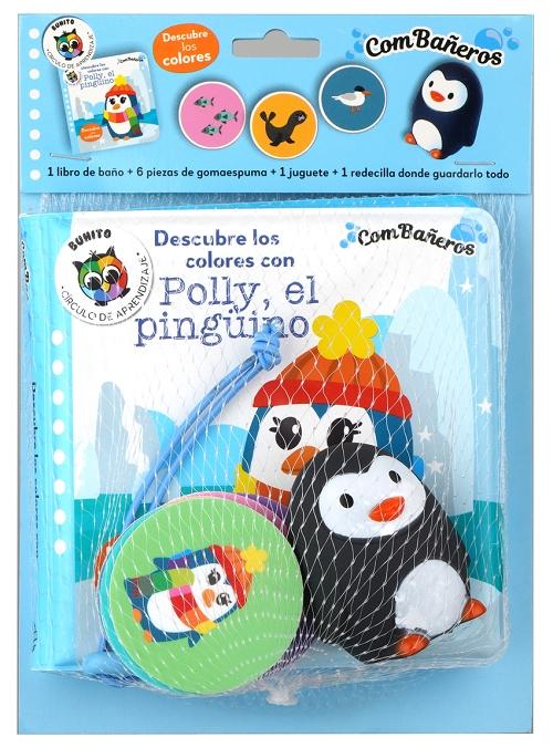 Descubre los colores con Polly, el pingüino "(1 libro de baño + 6 piezas de gomaespuma - 1 juguete + 1 redecilla donde guardarlo todo)"