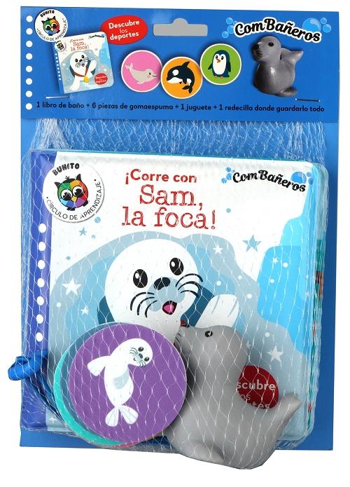¡Corre con Sam, la foca! "(1 libro de baño + 6 piezas de gomaespuma - 1 juguete + 1 redecilla donde guardarlo todo)"