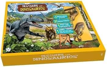Descubre los dinosaurios "(4 dinosaurios de juguete + 30 pegatinas + 1 póster + 1 libro)"